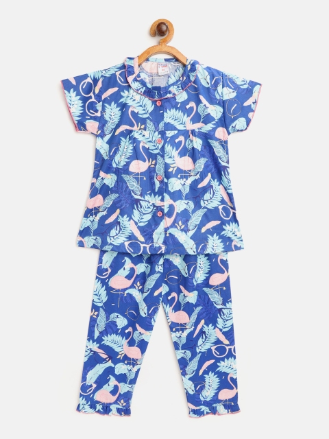 

NAUTI KIDZ Girls Blue & Peach-Coloured Tropical Print Pure Cotton Night Suit
