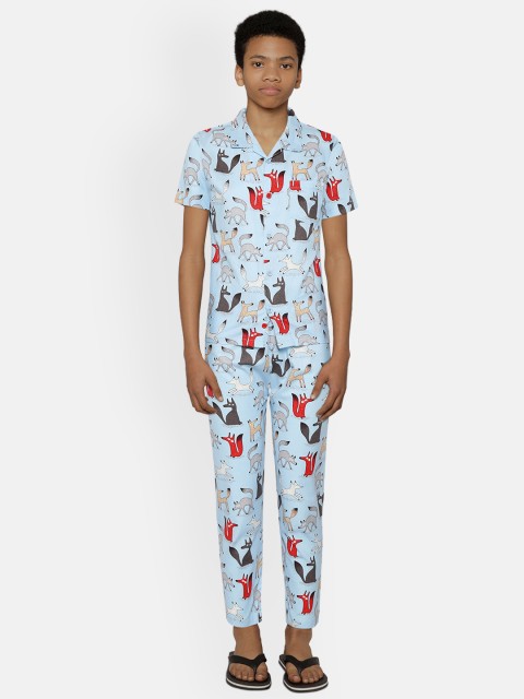 

NAUTI KIDZ Boys Blue & Grey Pure Cotton Printed Night Suit