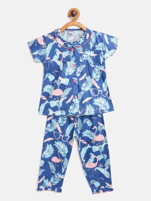 

NAUTI KIDZ Girls Blue & Peach-Coloured Tropical Print Pure Cotton Night Suit