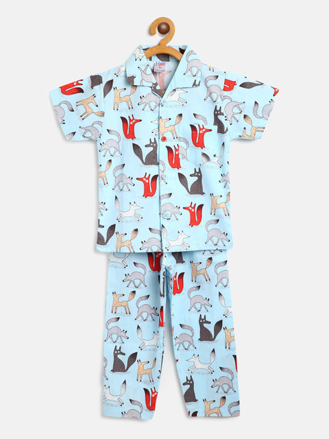 

NAUTI KIDZ Boys Blue & Grey Fox Print Pure Cotton Night suit