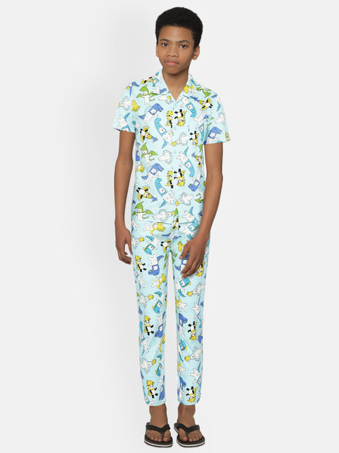 

NAUTI KIDZ Boys Blue & White Pure Cotton Printed Night Suit