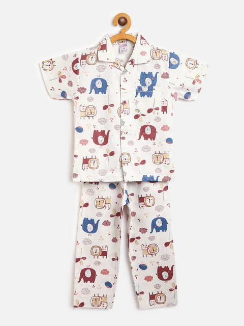 

NAUTI KIDZ Boys Off-White & Blue Elephant & Lion Print Pure Cotton Night suit