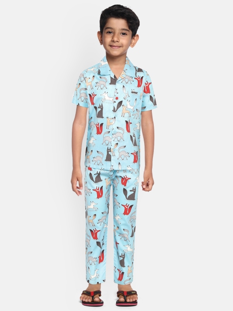 

NAUTI KIDZ Boys Blue & Orange Fox Print Pure Cotton Night suit
