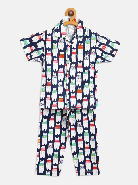 

NAUTI KIDZ Boys Navy Blue & White Pure Cotton Printed Night Suit