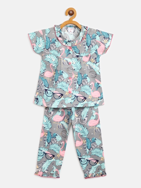 

NAUTI KIDZ Girls Olive Green & Blue Tropical Print Cotton Night suit, Grey