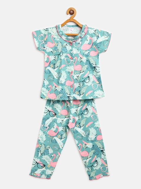 

NAUTI KIDZ Girls Green & Pink Tropical Print Cotton Night suit