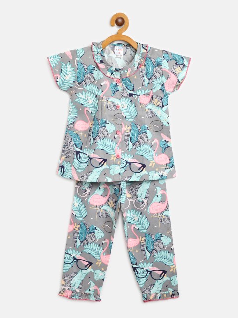 

NAUTI KIDZ Girls Grey & Blue Tropical Print Cotton Night suit