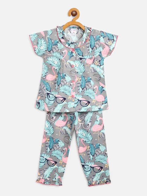 

NAUTI KIDZ Girls Grey & Blue Tropical Print Cotton Night suit