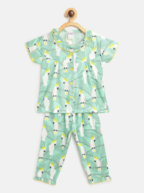 

NAUTI KIDZ Girls Green & Off-White Cockatoo Print Pure Cotton Night Suit