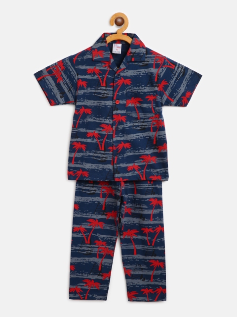 

NAUTI KIDZ Boys Navy Blue & Red Pure Cotton Tropical Printed Night Suit