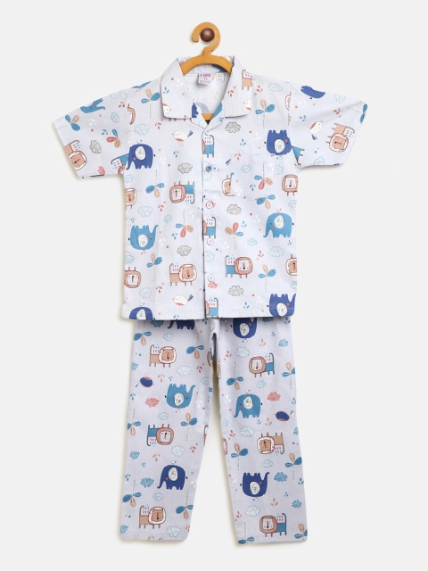 

NAUTI KIDZ Boys Blue & Peach-Coloured Pure Cotton Printed Night Suit