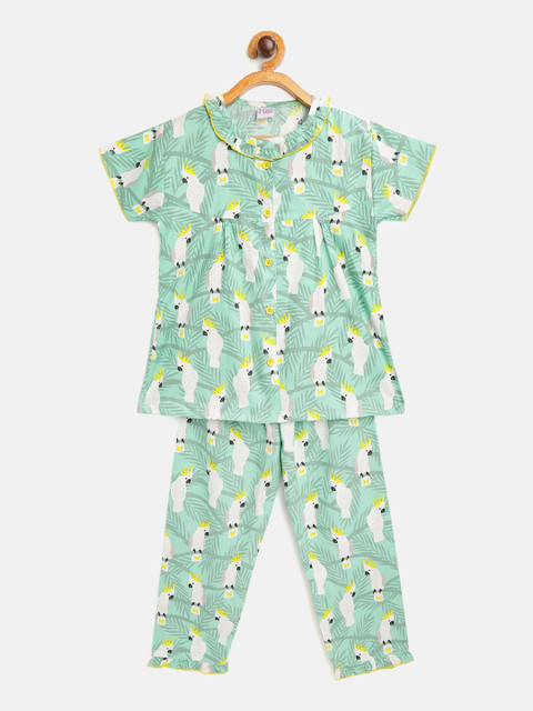 

NAUTI KIDZ Girls Green & Off-White Cockatoo Print Pure Cotton Night Suit