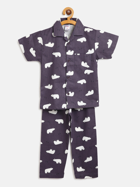 

NAUTI KIDZ Boys Charcoal Grey & White Pure Cotton Printed Night Suit