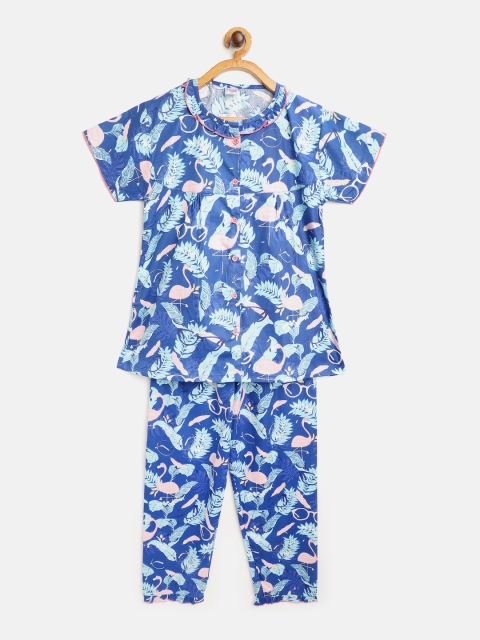 

NAUTI KIDZ Girls Blue & Peach-Coloured Tropical Print Pure Cotton Night Suit