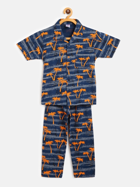 

NAUTI KIDZ Boys Navy Blue & Orange Pure Cotton Palm Tree Printed Night Suit