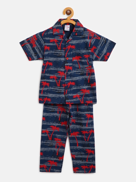 

NAUTI KIDZ Boys Navy Blue & Red Tropical Print Cotton Night suit