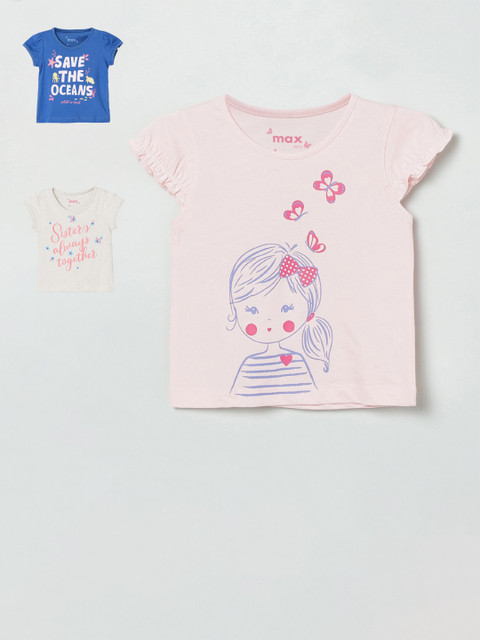 

max Girls Pink & Blue Pack of 3 Printed T-shirt