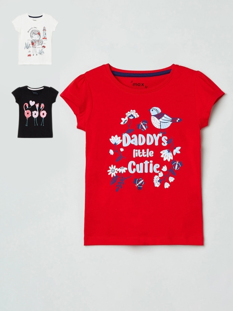 

max Girls Black & Red Pack of 3 Pure Cotton Printed Tops