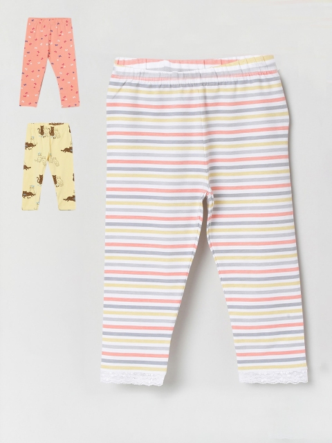 

max Girls White & Yellow Pack of 3 Cotton Printed Leggings