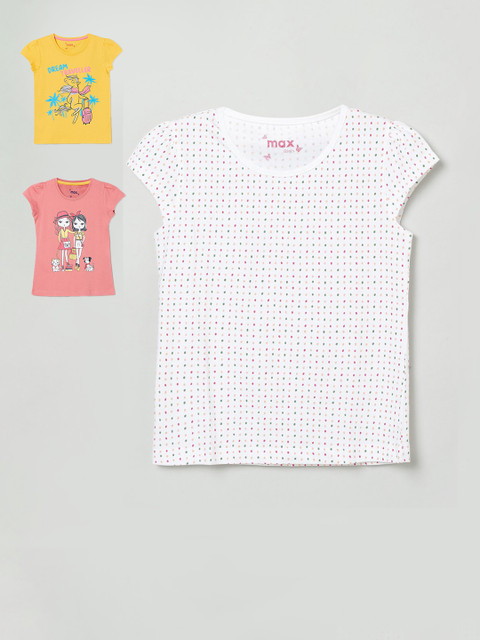 

max Girls Multicoloured Pack of 3 Cotton Printed Tops, Multi