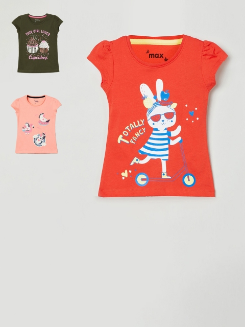 

max Pack of 3 Girls Multicoloured Printed Round Neck T-shirt, Multi