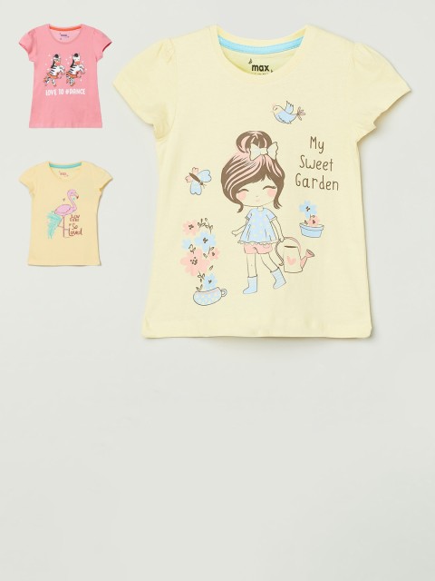

max Girls Yellow Pink Pack of 3 Cotton Printed Pure Cotton T-shirts