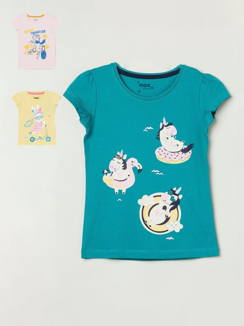 

max Pack of 3 Girls Multicoloured Printed Round Neck T-shirt, Multi