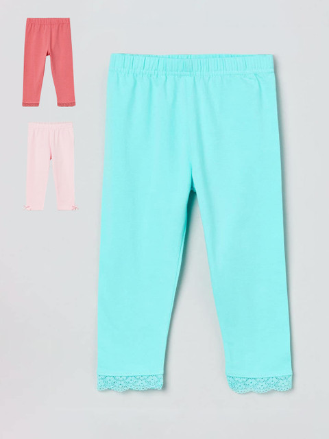 

max Girls Pink & Turquoise Blue Pack of 3 Solid Cotton Leggings
