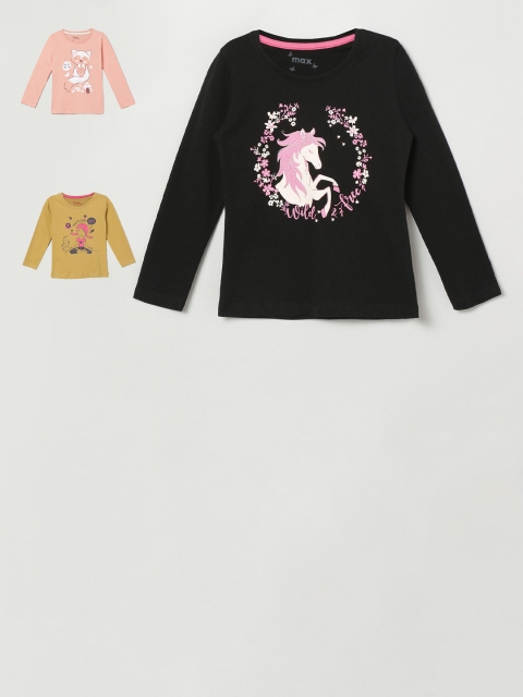 

max Girls Multicolured Pack of 3 Cotton Printed T-shirts, Multi