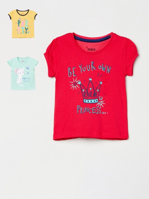 

max Pack of 3 Girls Multicoloured Printed Round Neck T-shirt, Multi