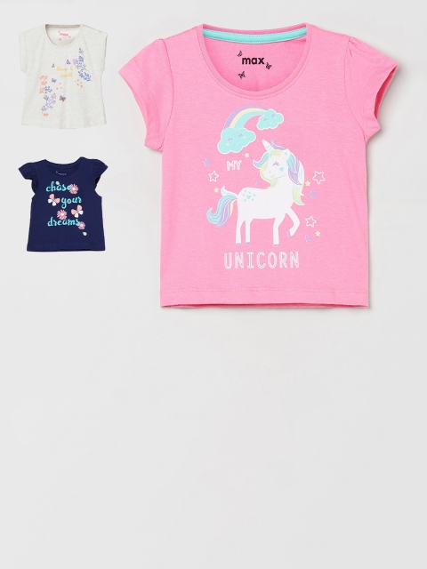 

max Girls Pink & Navy Blue Pack of 3 Cotton Printed T-shirts