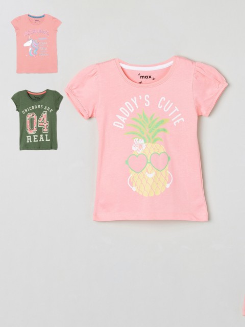 

max Pack of 3 Girls Multicoloured Printed Round Neck T-shirt, Multi