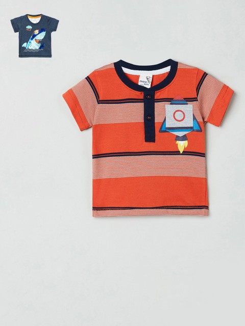 

max Boys Navy Blue & Orange Pack of 2 Cotton Printed T-shirts