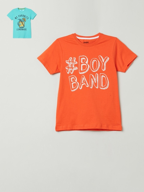 

max Pack of 2 Boys Orange & Turquoise Blue Printed Round Neck T-shirt