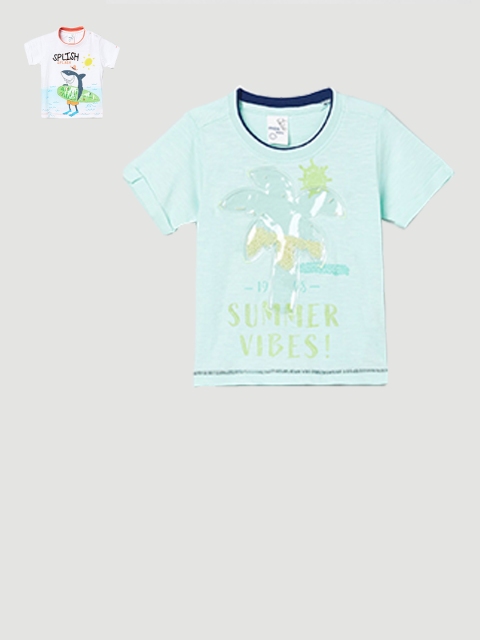 

max Pack of 2 Boys Turquoise Blue & White Printed Round Neck T-shirt