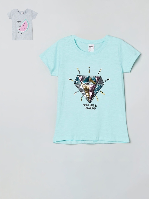 

max Pack of 2 Girls Turquoise Blue & Grey Printed Sequin Embellished Round Neck T-shirt