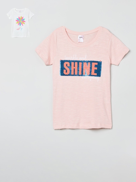 

max Pack of 2 Girls Pink & White Printed Sequin Embellished Round Neck T-shirt