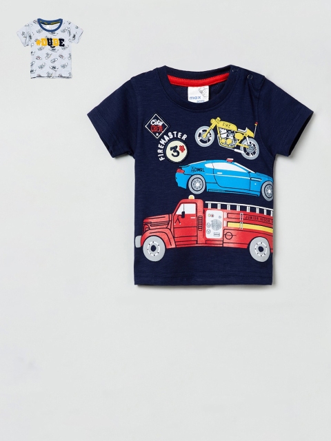 

max Pack of 2 Boys Grey Melange & Navy Blue Printed Round Neck T-shirt