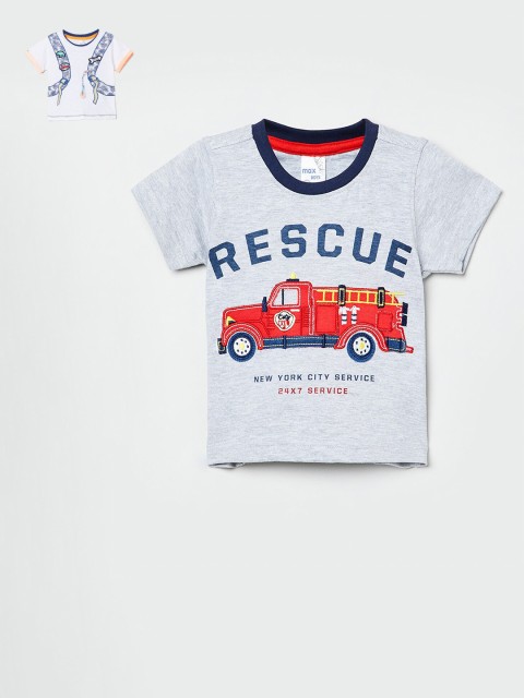 

max Boys Grey Melange & White Pack of 2 Cotton Printed T-shirts