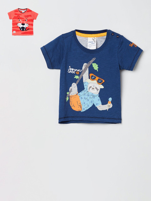 

max Pack of 2 Boys Navy Blue & Coral Printed Round Neck T-shirt