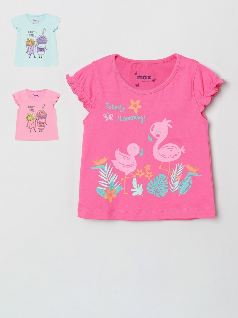 

max Girls Pink & Blue Pack of 3 Cotton Printed Tops