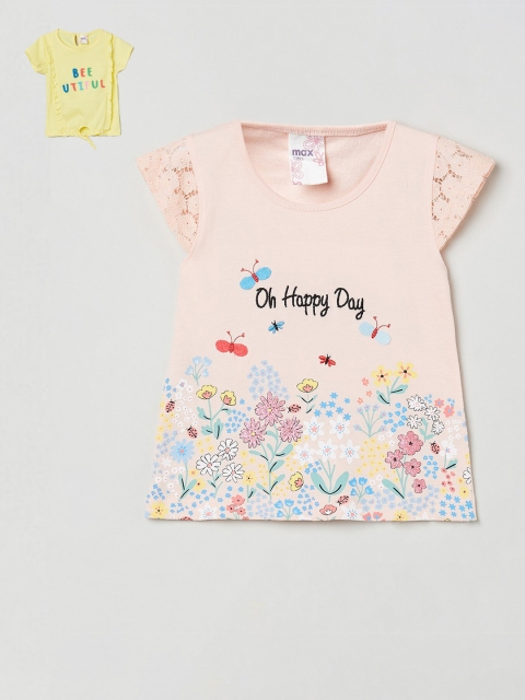 

max Pack of 2 Yellow & Pink Printed Pure Cotton Regular Top