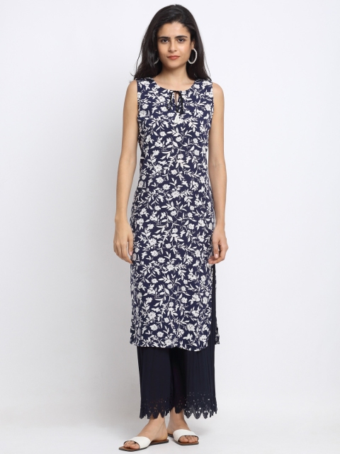 

NEUDIS Women Navy Blue Printed Keyhole Neck Handloom Kurta