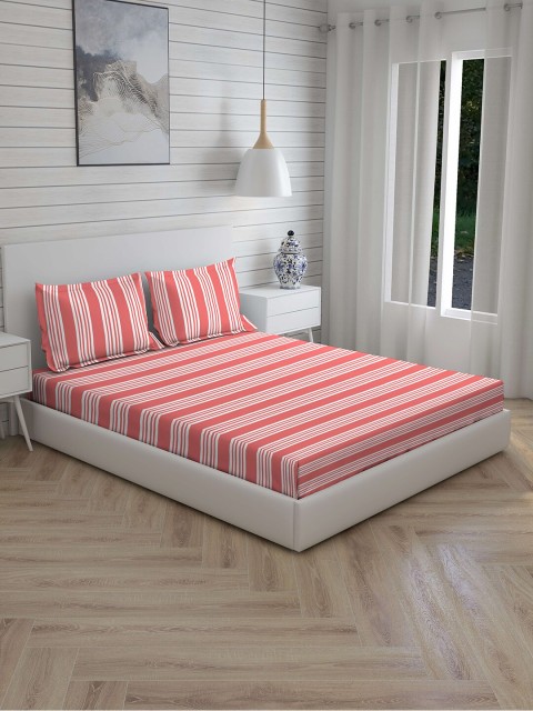 Boutique Living India Pink & White Striped 144 TC Cotton 1 King Bedsheet with 2 Pillow Covers
