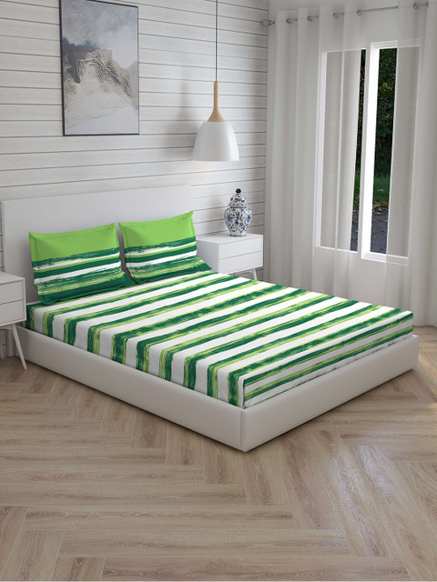 

Boutique Living India Green & White Striped 144 TC Cotton 1 King Bedsheet with 2 Pillow Covers