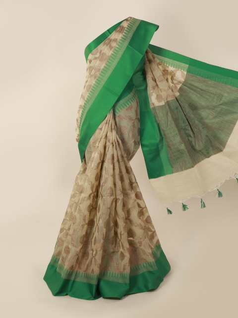 

Pothys Cream-Coloured & Green Supernet Woven Design Saree