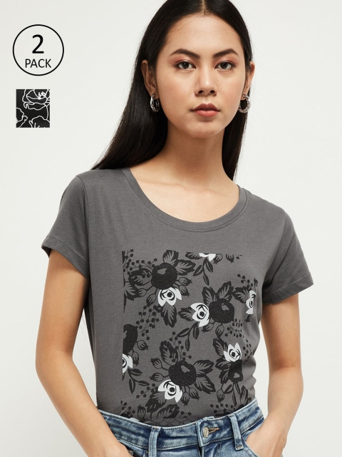

max Women Grey & Dark Green Pack of 2 Printed T-shirts