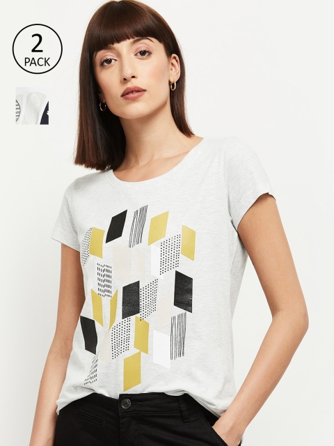 

max Women White Grey Pack of 2 Printed Pure Cotton T-shirts