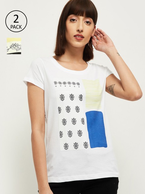 

max Women Yellow & White Pack of 2 Printed T-shirt