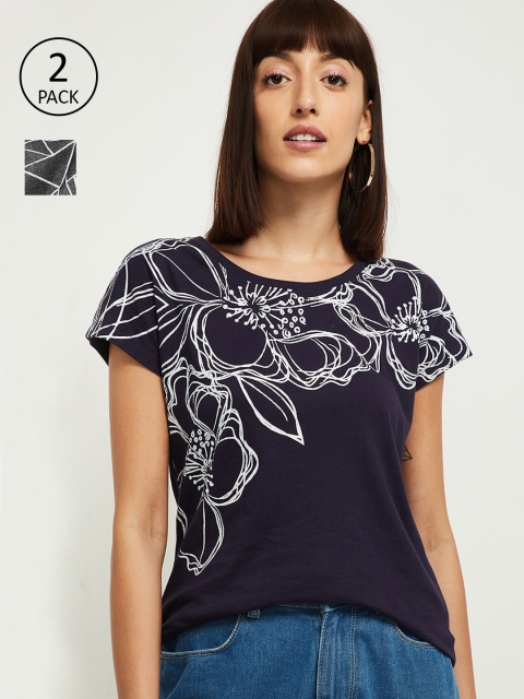 

max Women Grey & Navy Blue Pack of 2 Printed T-shirts